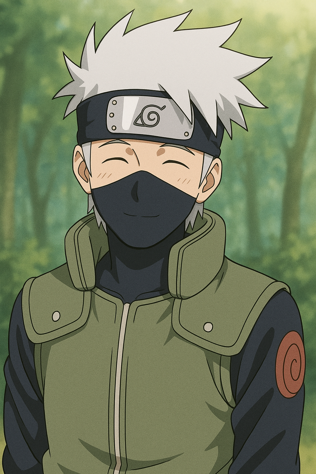 A calm and cute Kakashi Hatake sitting peacefully under a tree